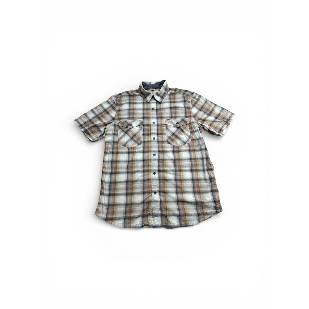 Carhartt Shirt Mens Large Brown Plaid Relaxed Short Sleeve Button Up Workwear